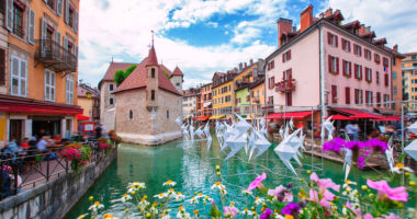 Medieval city of Annecy in the valley of the French Alps France.