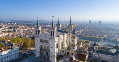 Lyon, Aerial view of Notre Dame de Fourviere Basilica