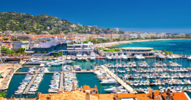 Coastline view on french riviera with yachts in Cannes city center, French, Europa