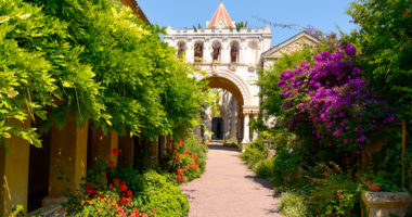entrance to the church of the Lerins Abbey in the Saint-Honorat island, France