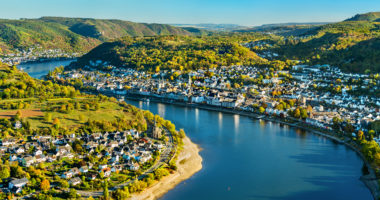 Aerial view of Filsen and Boppard towns with the Rhine river in Germany
