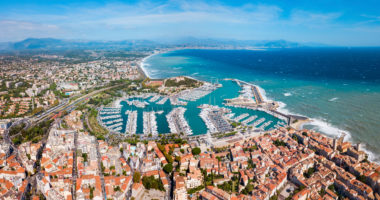 Antibes port aerial panoramic view. Antibes is a city located on the French Riviera or Cote d'Azur in France.