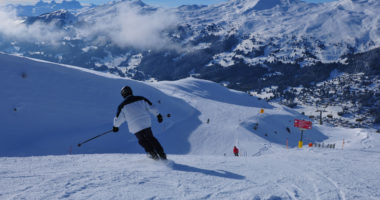 Panoramic swiss alps mountain view from Rothorn to Stäzerhorn at the famous Swiss Alps Wintersport region Lenzerheide