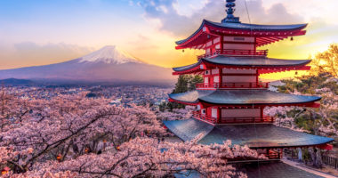 Fujiyoshida, Japan Beautiful view of mountain Fuji and Chureito pagoda at sunset, japan in the spring with cherry blossoms