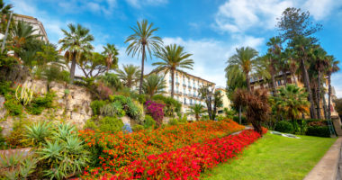 Street photo with colorful flowers lawn of coastal street in San Remo. Liguria, Italia