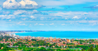 Panoramic view of Romagna coast or Riviera Romagnola, famous beach in Adriatic sea. Cattolica Riccione Italy.