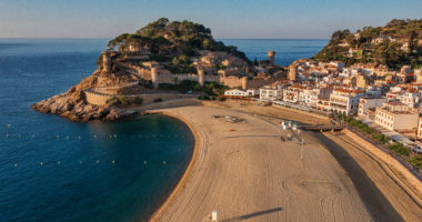 Aerial view to beautiful fortress and beach in Lloret de Mar on Costa Brava, Spain