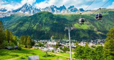 Chamonix cable car aerial panoramic view. Chamonix Mont Blanc is a commune and town in south eastern France